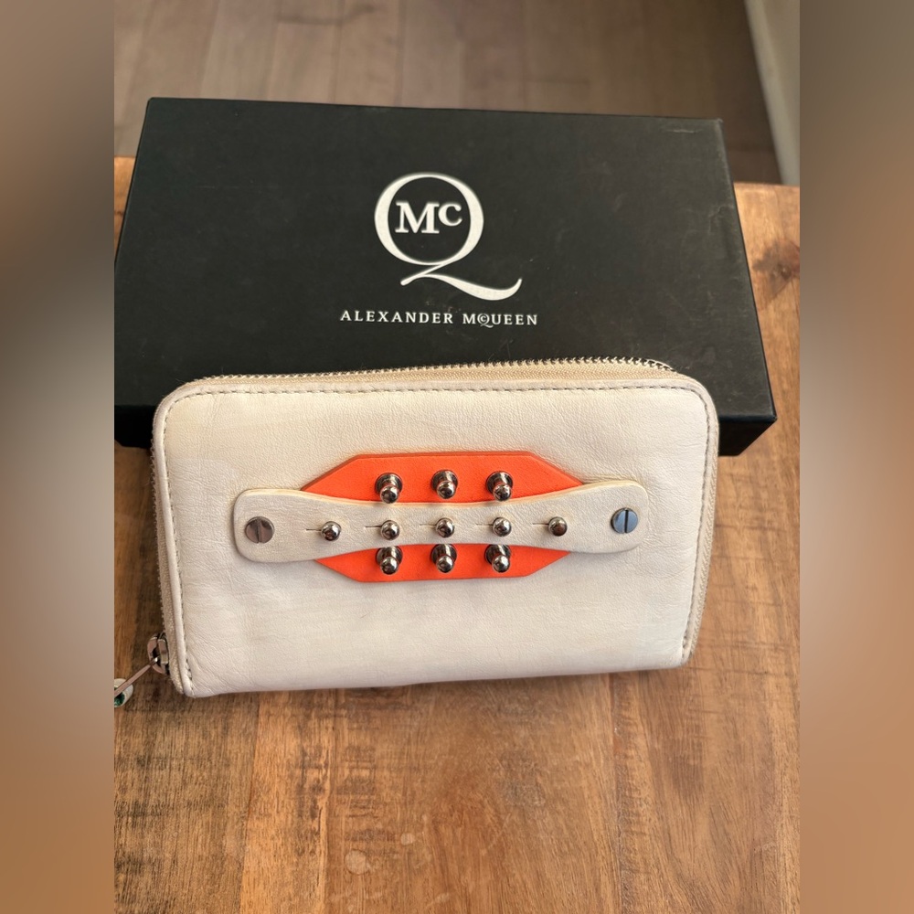 Alexander McQueen White Leather Wallet with Orange Accent and Silver Studs